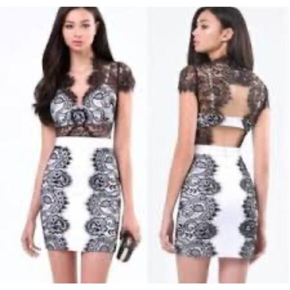 BEBE Black & White Cap-Sleeve V-Neck Lace-Panel Cocktail Bralette Dress Size 4 - Picture 1 of 5